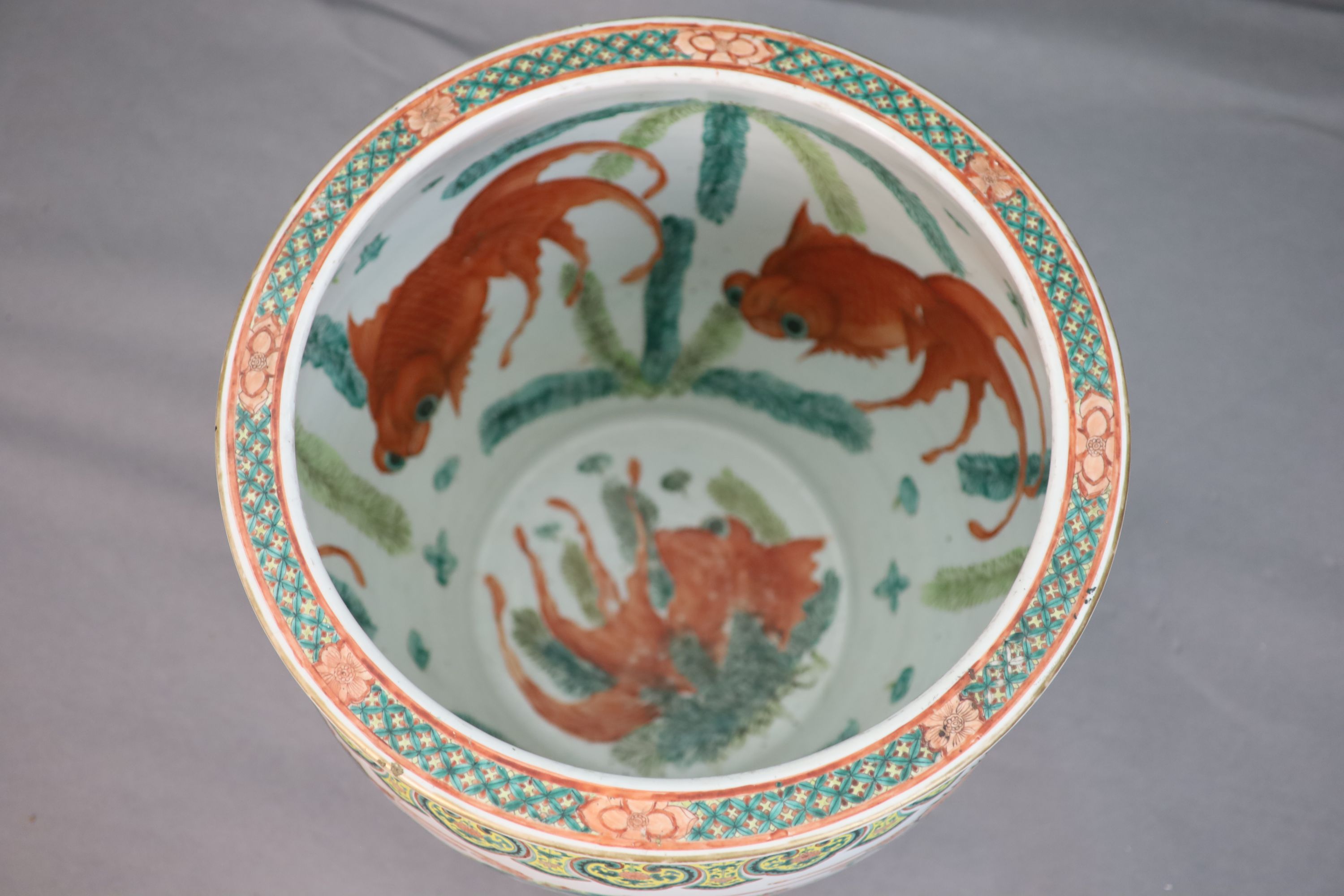 A large Chinese famille verte goldfish bowl, late 19th century, 53cm diameter, 46cm high, Provenance - A. T. Arber-Cooke